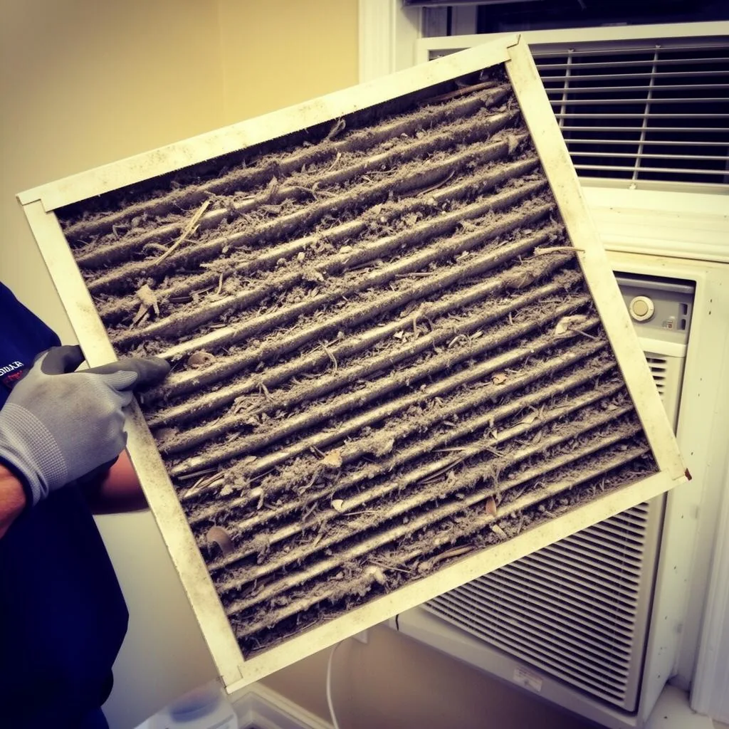 Clogged dirty air filter pulled from a Keller TX home AC system