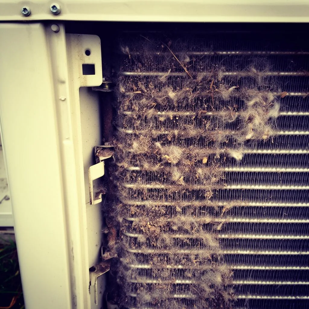 Dirty AC condenser coil packed with cottonwood fluff and yard debris at a Keller TX home
