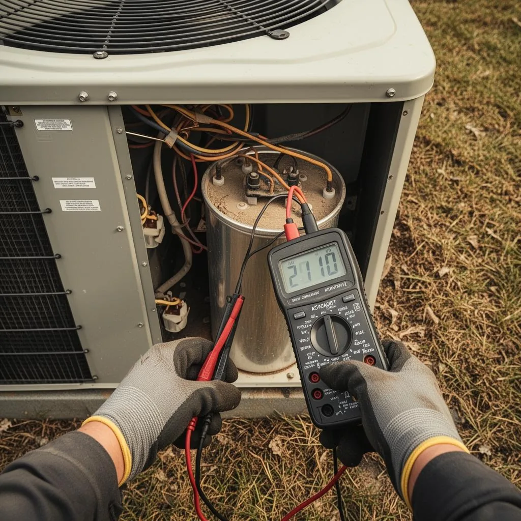 HVAC tech testing an AC capacitor with a multimeter on a Keller TX service call